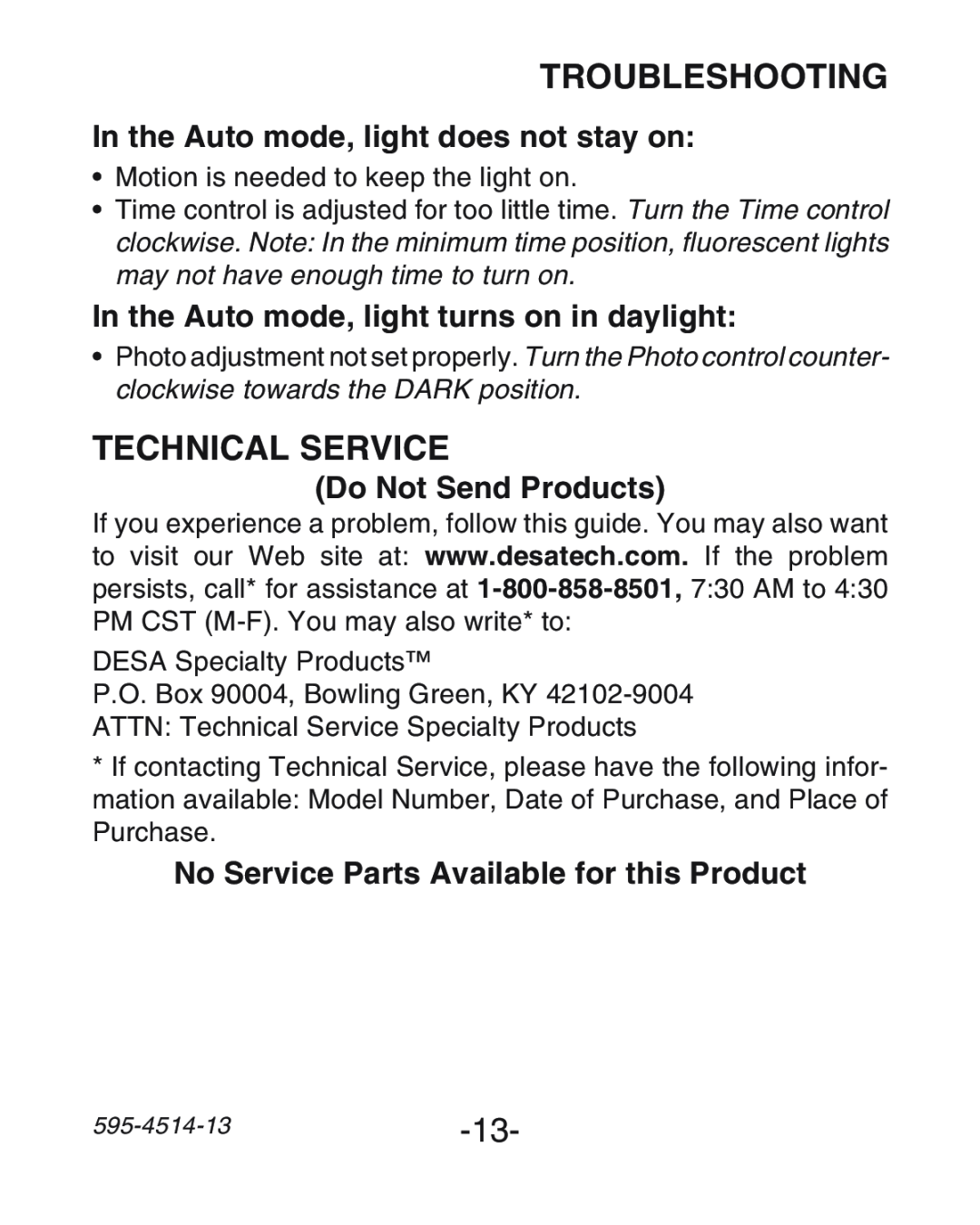 Heath Zenith SL-6107 Technical Service, In the Auto mode, light does not stay on, Do Not Send Products, Troubleshooting 