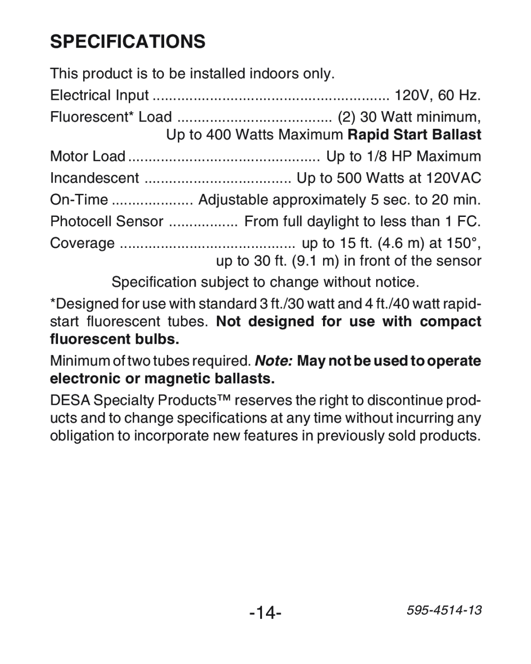 Heath Zenith SL-6107 manual Specifications 
