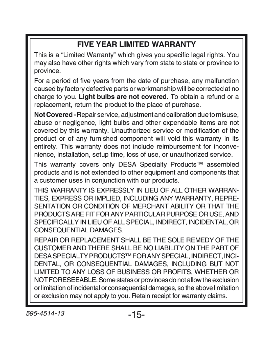 Heath Zenith SL-6107 manual Five Year Limited Warranty, 595-4514-13-15 