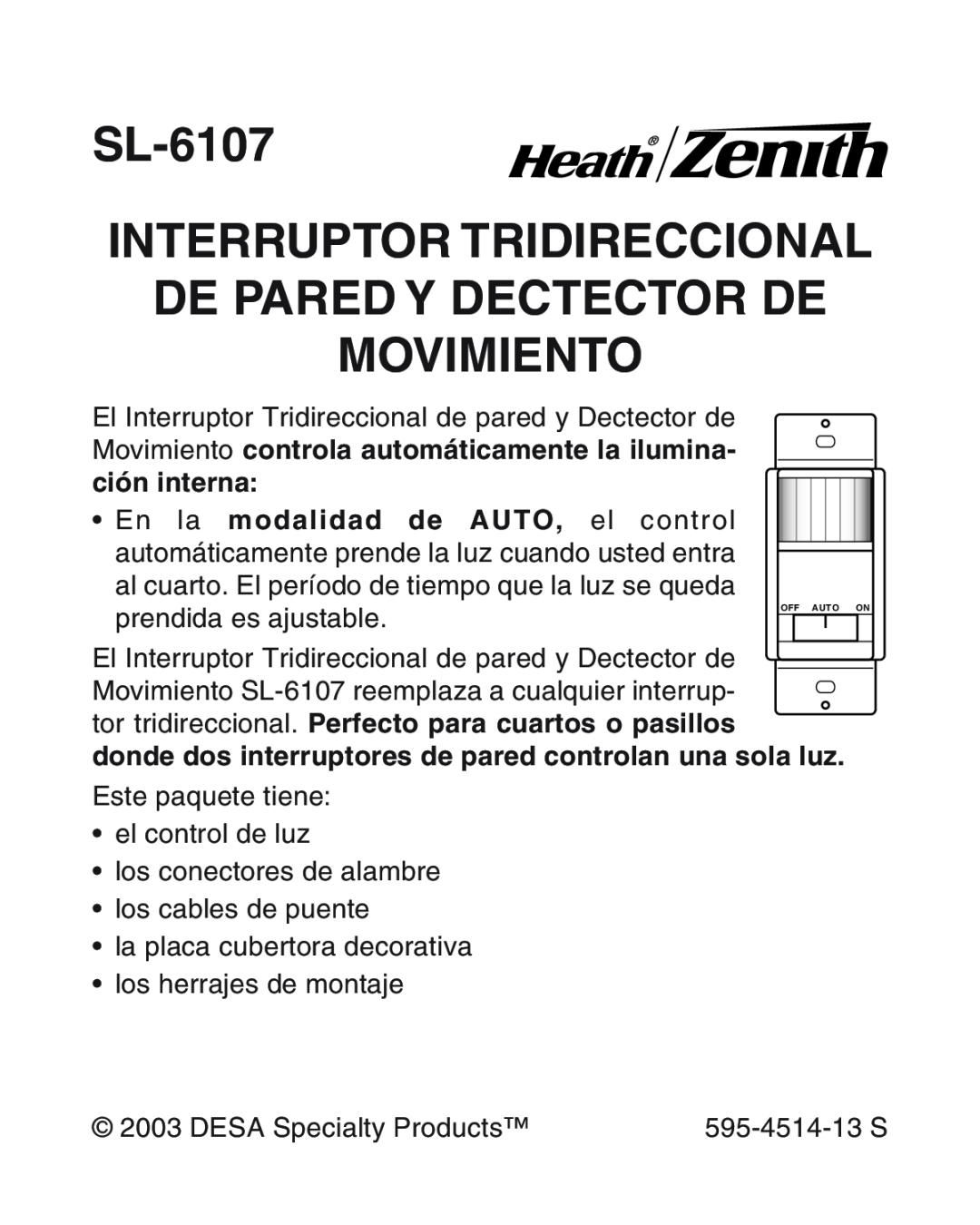 Heath Zenith manual SL-6107 INTERRUPTOR TRIDIRECCIONAL, De Pared Y Dectector De Movimiento 