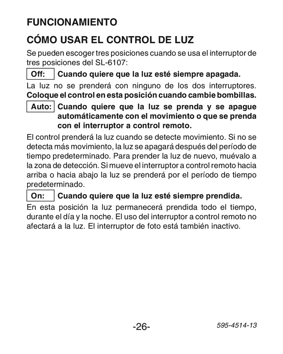 Heath Zenith SL-6107 manual Funcionamiento Cómo Usar El Control De Luz, Auto 