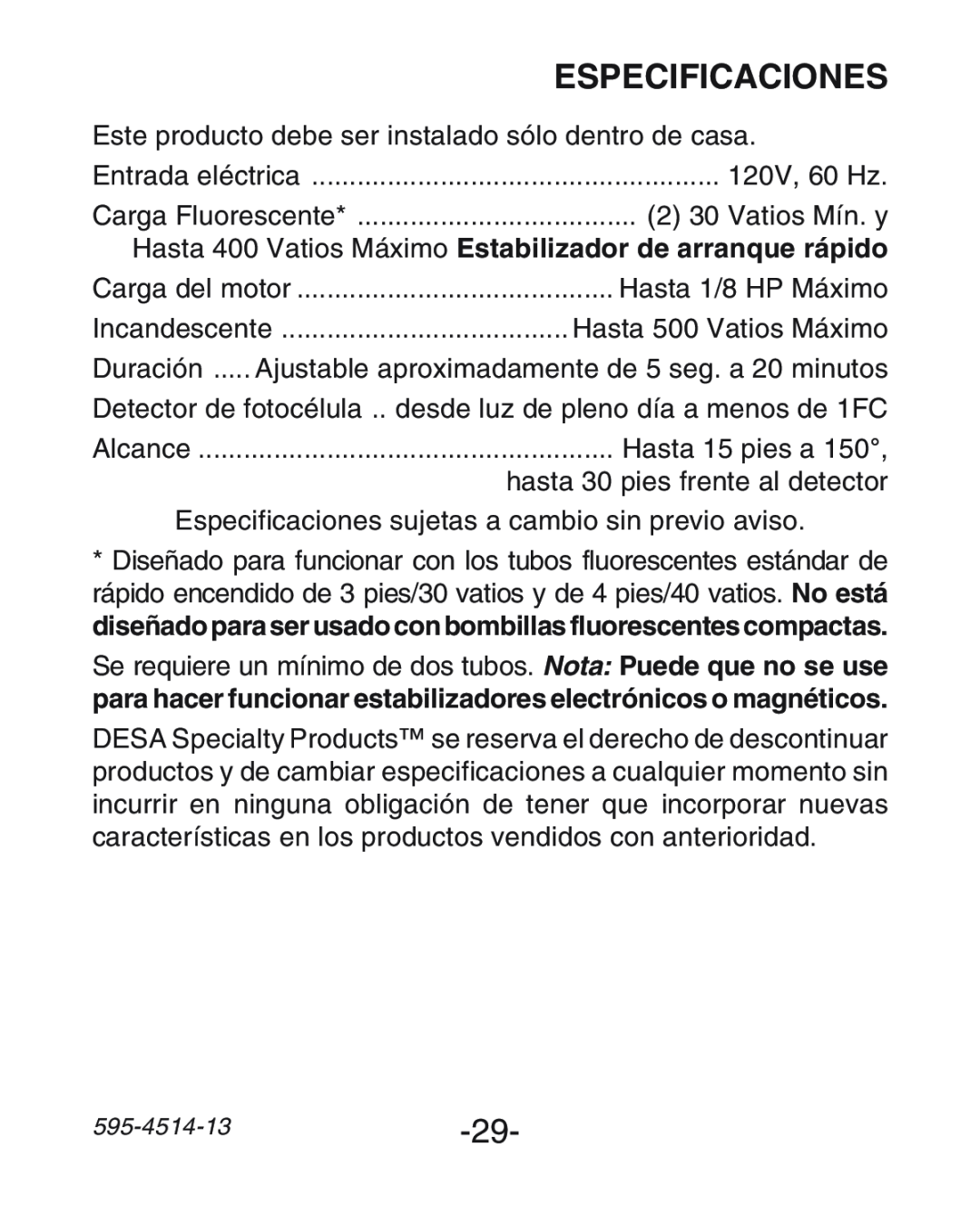Heath Zenith SL-6107 manual Especificaciones 