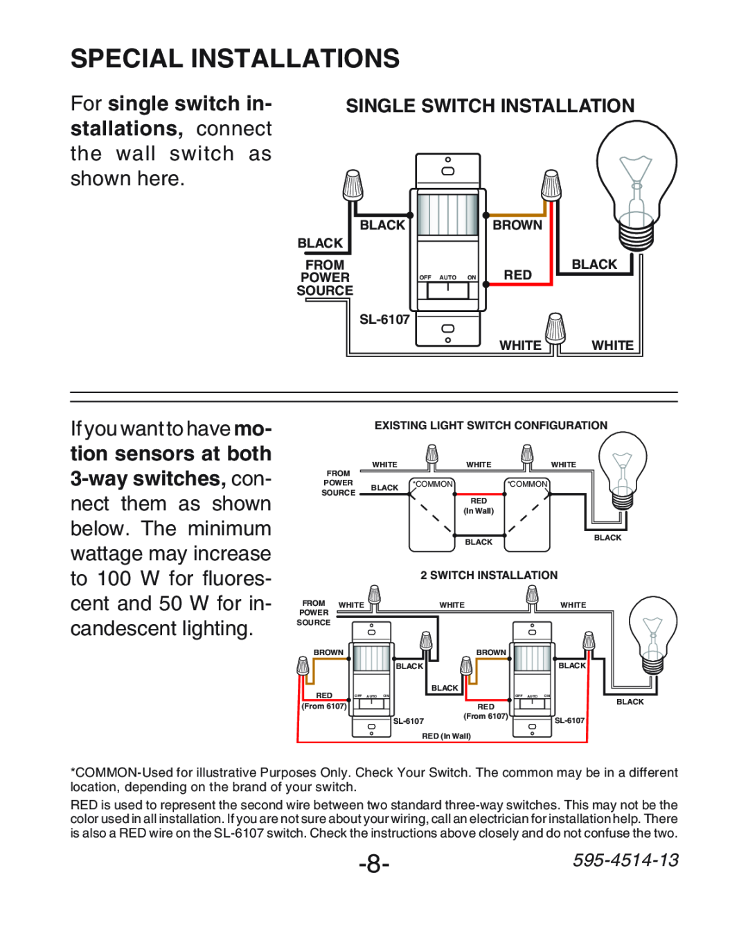 Heath Zenith manual Special Installations, For single switch in, 8-595-4514-13, Black Black From, SOURCE SL-6107, White 