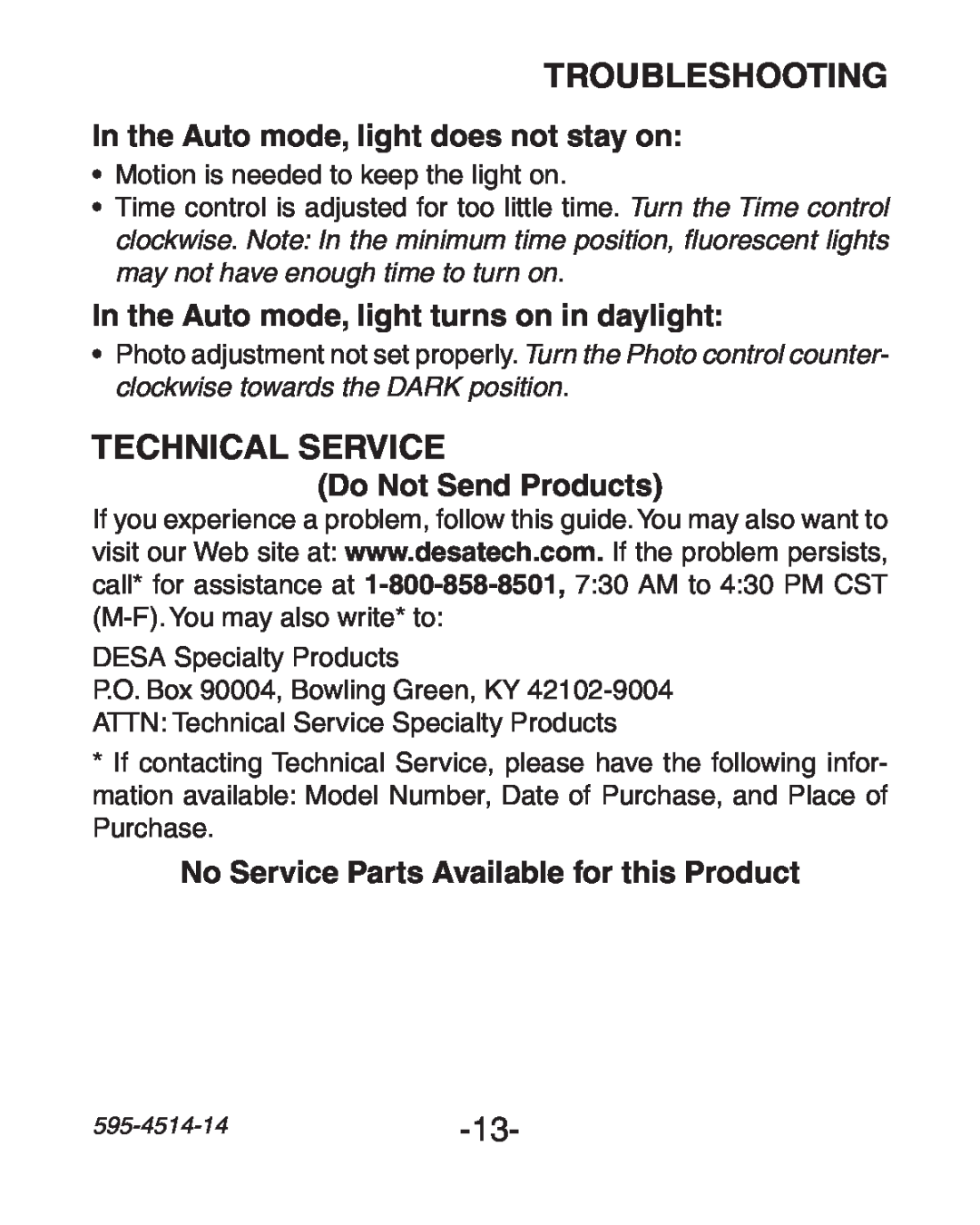 Heath Zenith SL-6107 Technical Service, In the Auto mode, light does not stay on, Do Not Send Products, Troubleshooting 