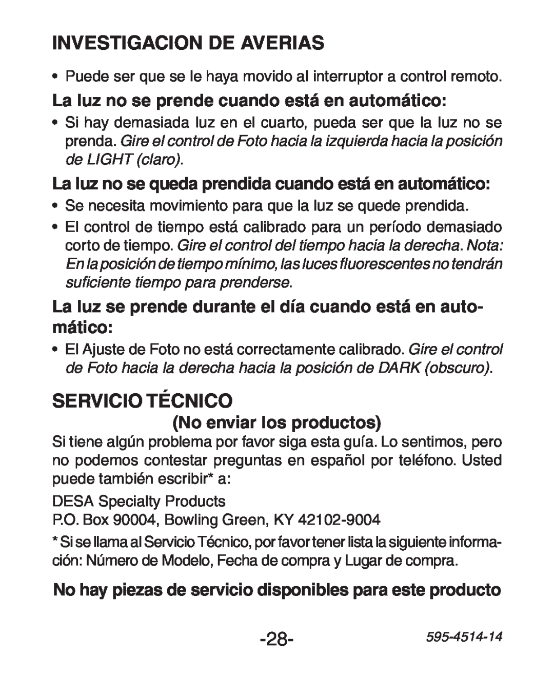 Heath Zenith SL-6107 manual Servicio Técnico, La luz no se prende cuando está en automático, No enviar los productos 