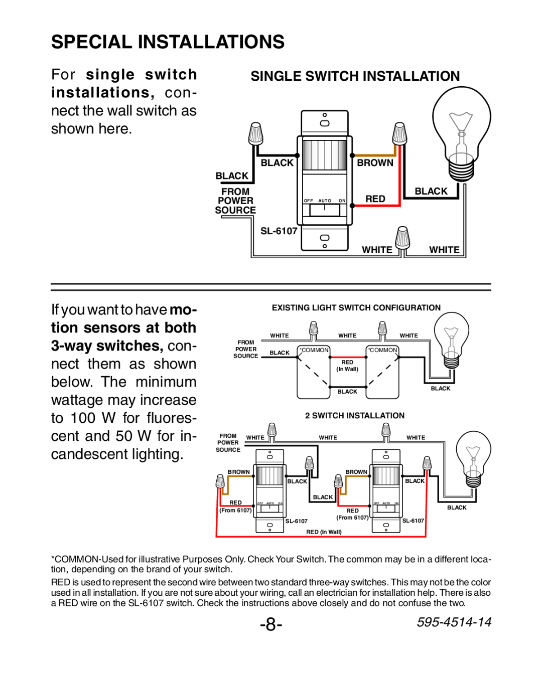Heath Zenith SL-6107 Special Installations, Single Switch Installation, 595-4514-14, Black Brown, From, Source, Power 