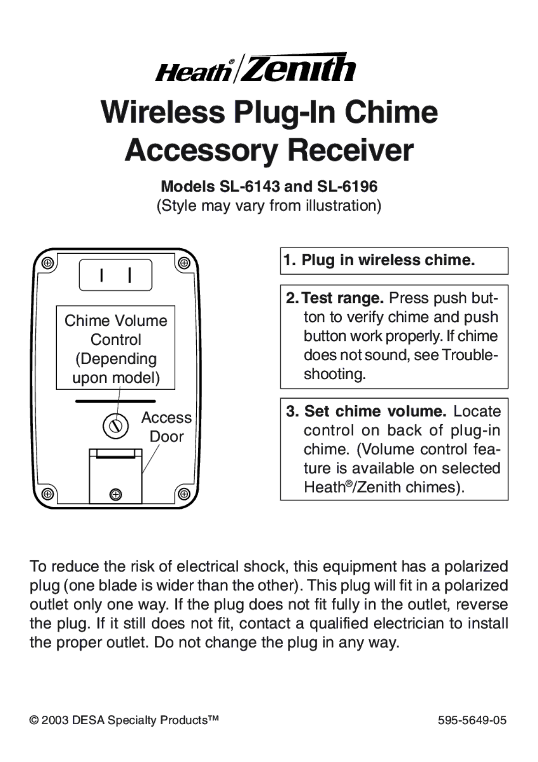 Heath Zenith SL-6196, SL-6143 manual Wireless Plug-In Chime Accessory Receiver, Plug in wireless chime 