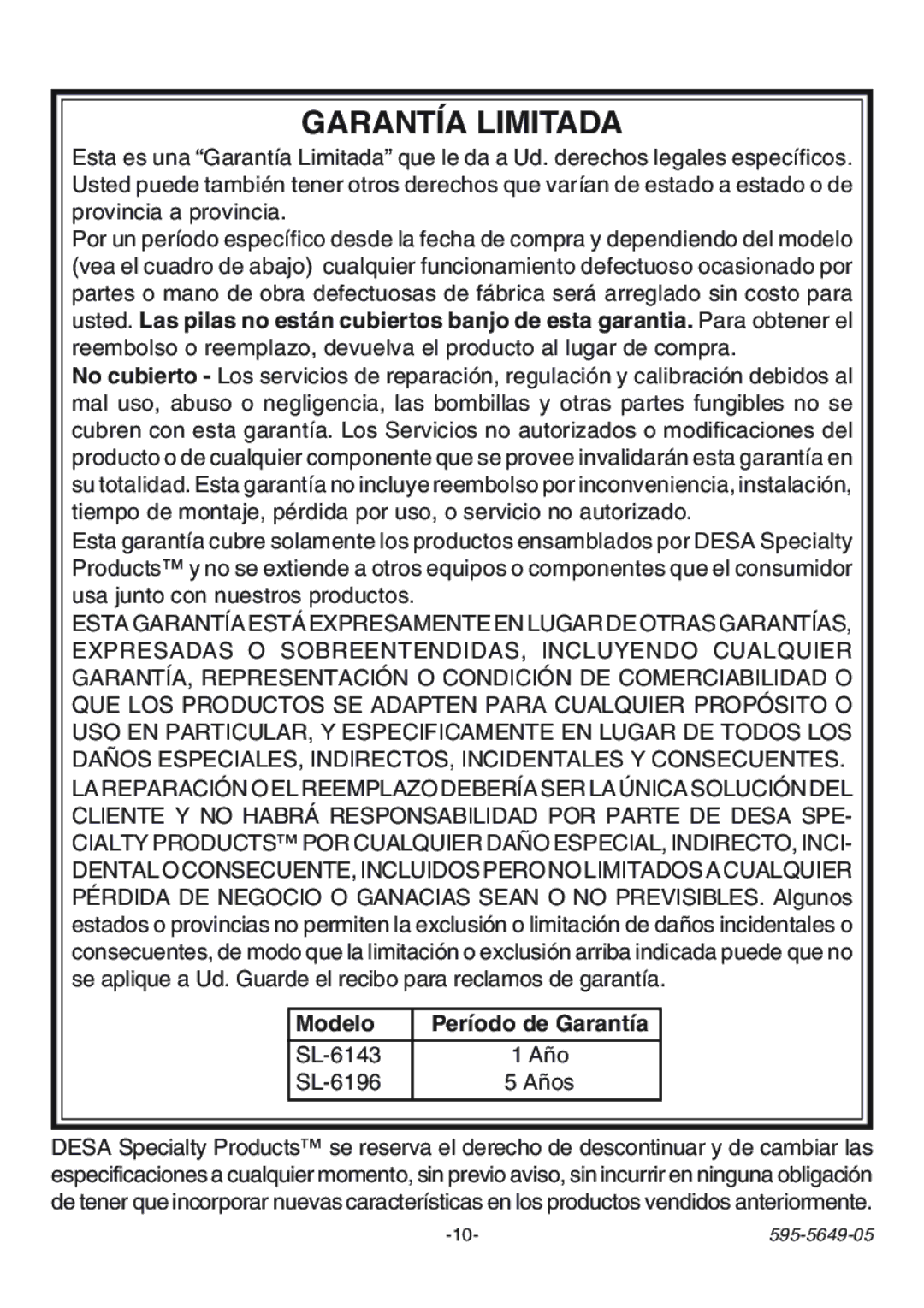 Heath Zenith SL-6143, SL-6196 manual GARANTêA Limitada, Modelo Per’odo de Garant’a 