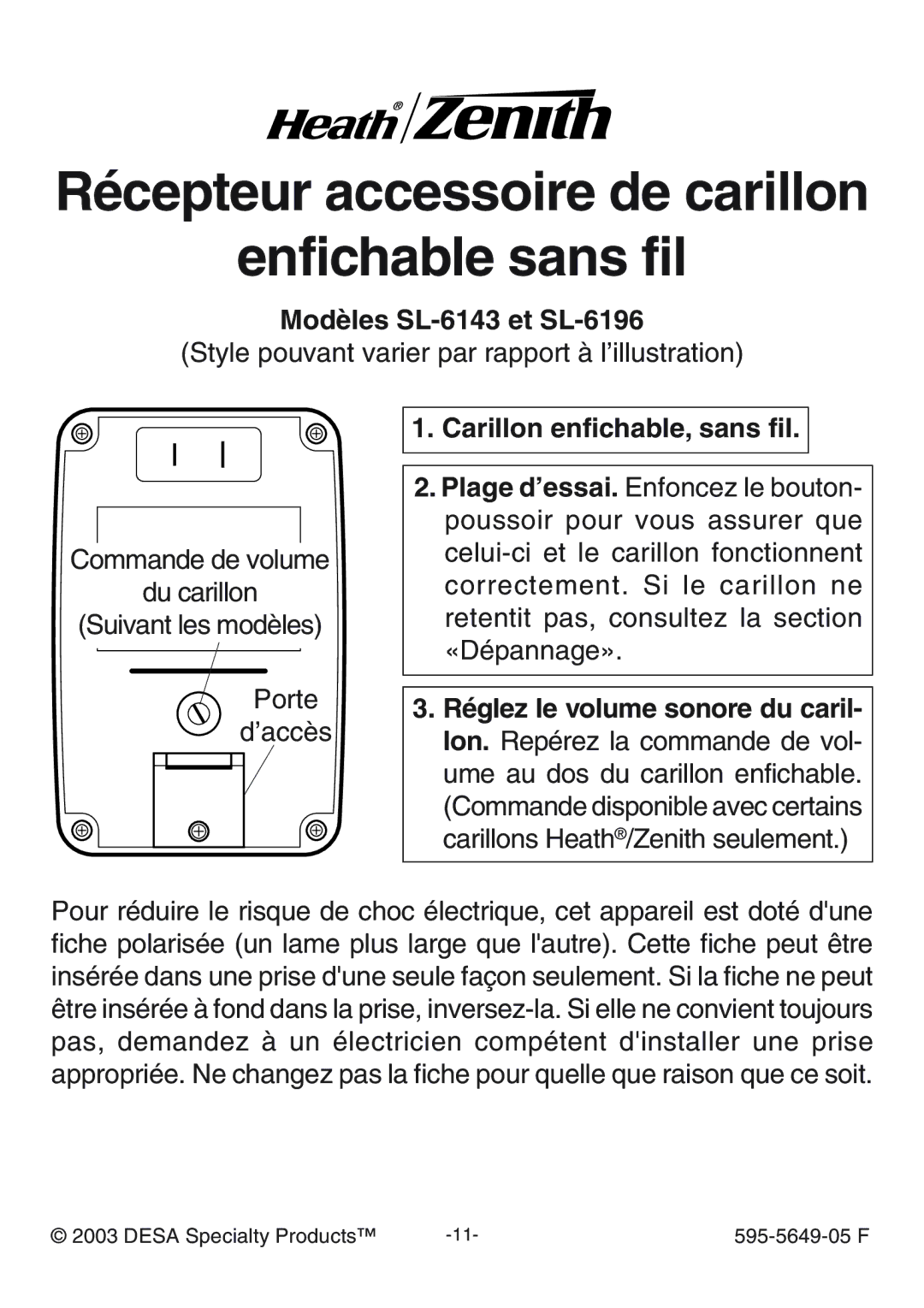 Heath Zenith manual Modles SL-6143 et SL-6196, Carillon enfichable, sans fil 