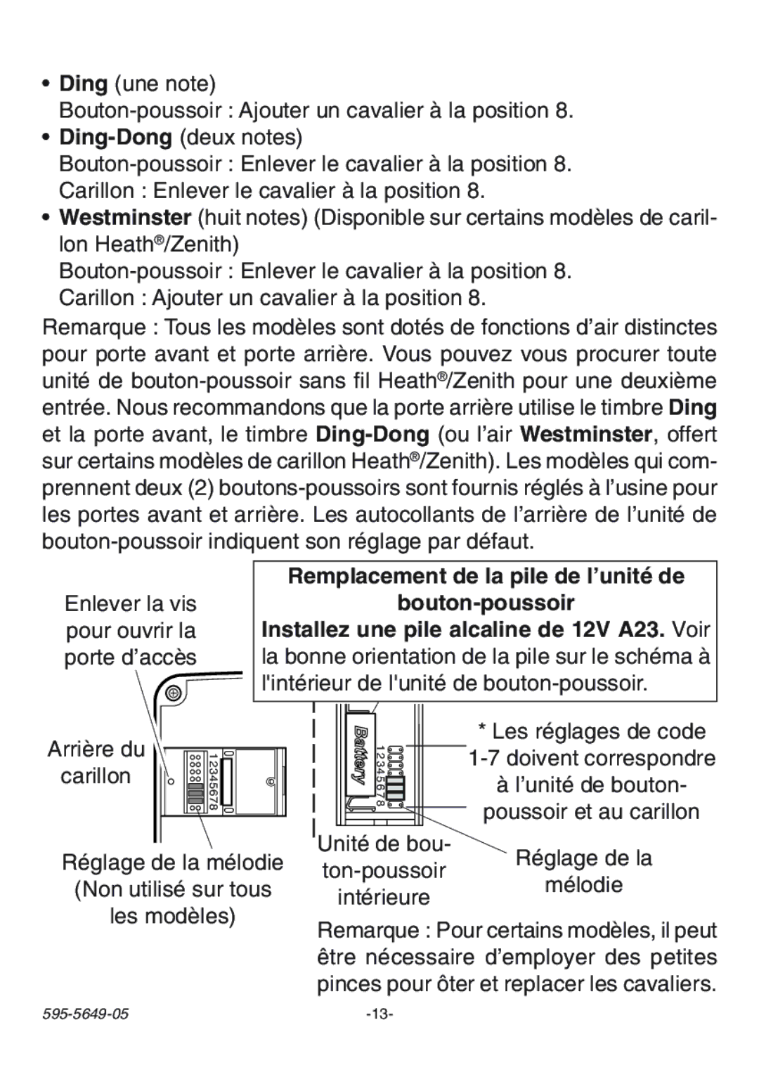 Heath Zenith SL-6196, SL-6143 manual Remplacement de la pile de lÕunitŽ de Bouton-poussoir 