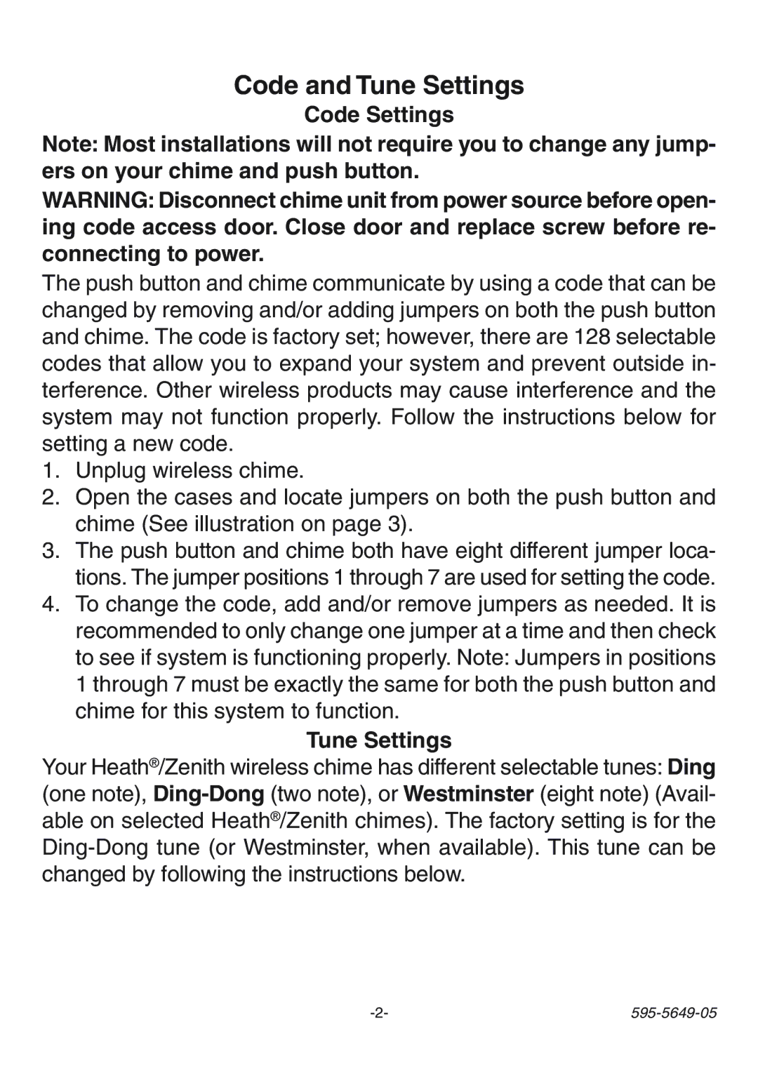 Heath Zenith SL-6143, SL-6196 manual Code and Tune Settings, Code Settings 