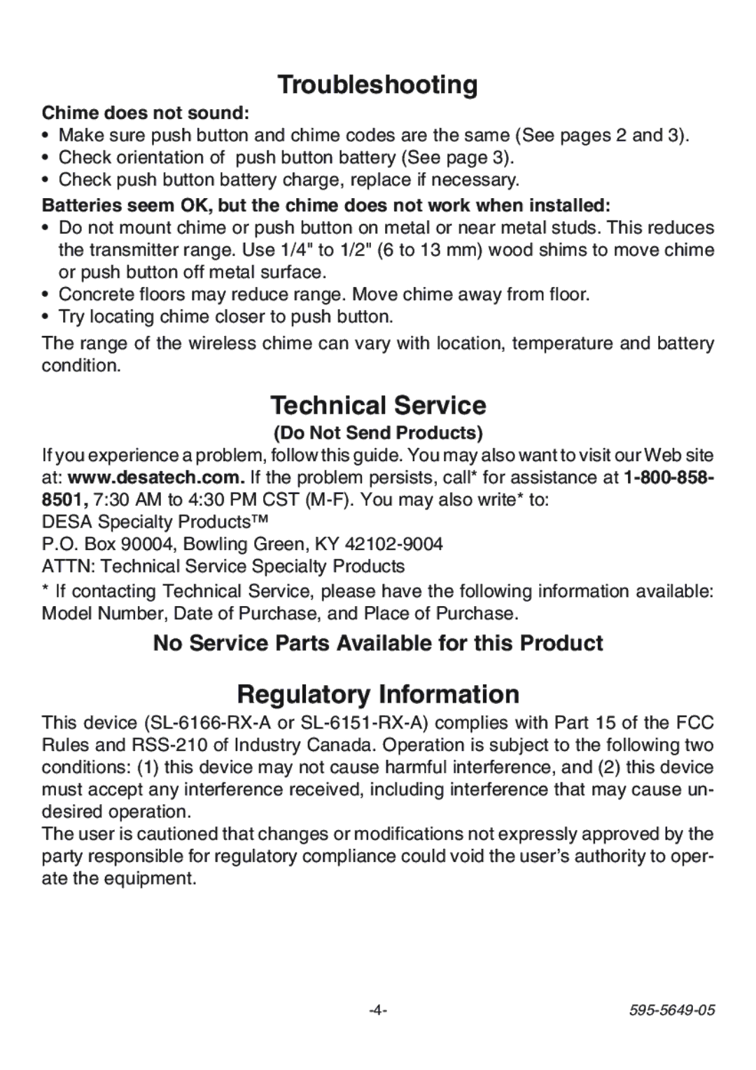 Heath Zenith SL-6143, SL-6196 manual Troubleshooting, Technical Service, Regulatory Information 