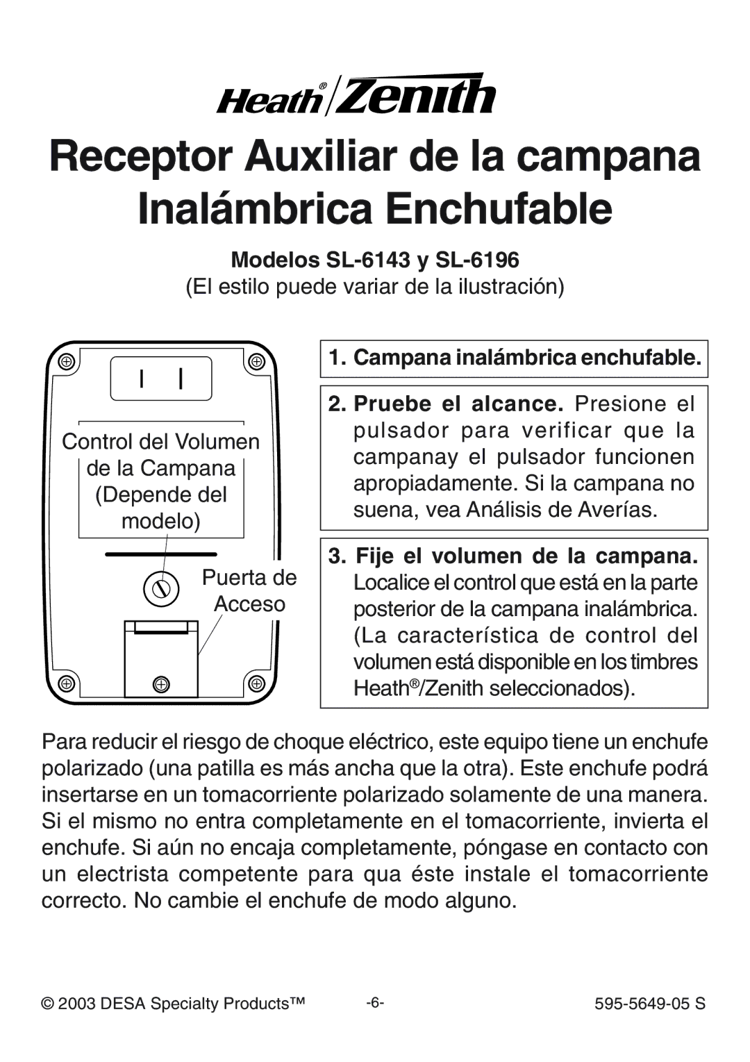 Heath Zenith manual Modelos SL-6143 y SL-6196, Campana inal‡mbrica enchufable 