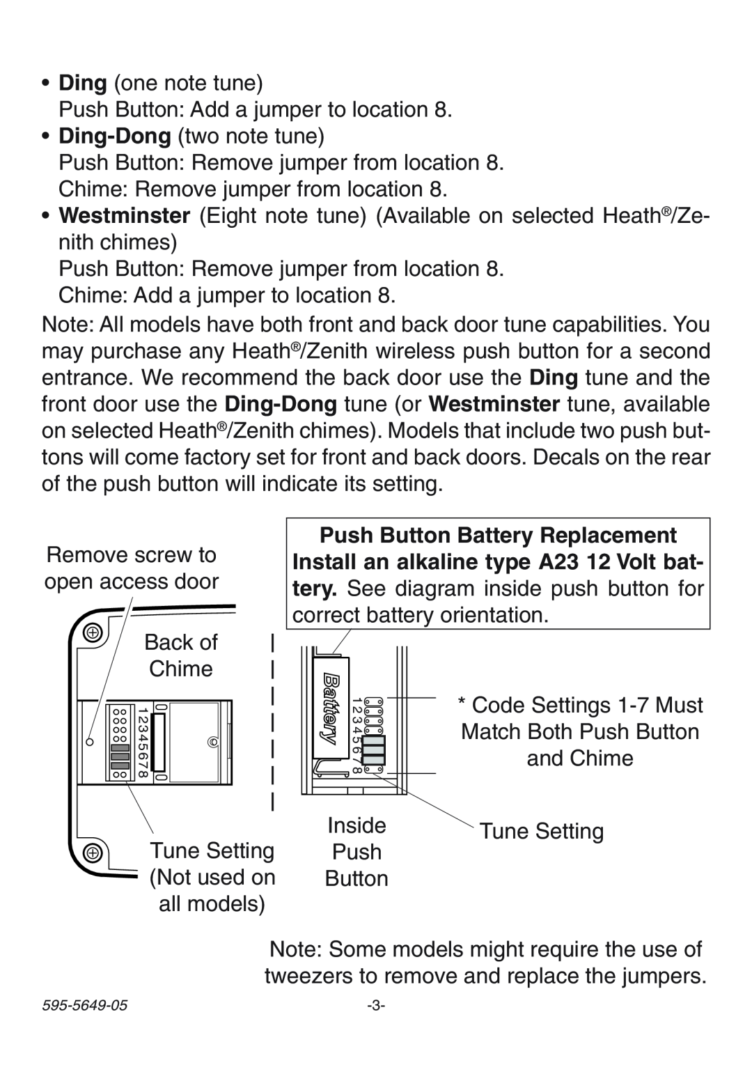 Heath Zenith SL-6196, SL-6143 manual Push Button Battery Replacement 