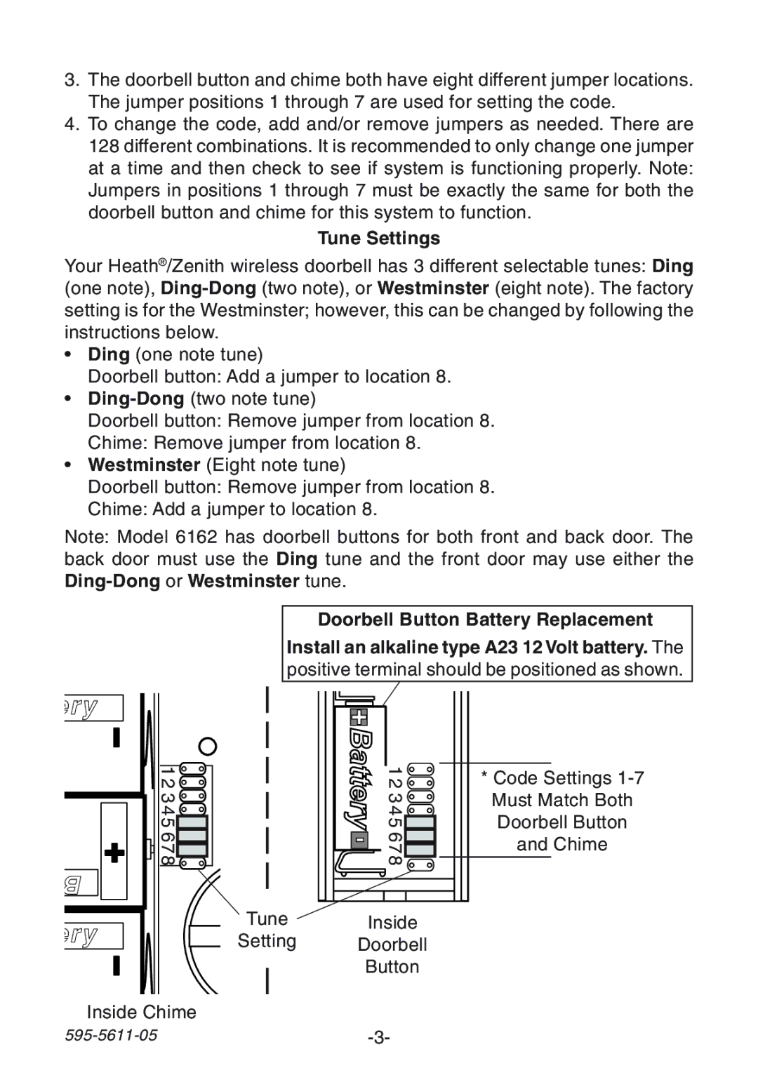 Heath Zenith SL-6171, SL-6153, SL-6172, SL-6162 manual Tune Settings, Doorbell Button Battery Replacement 