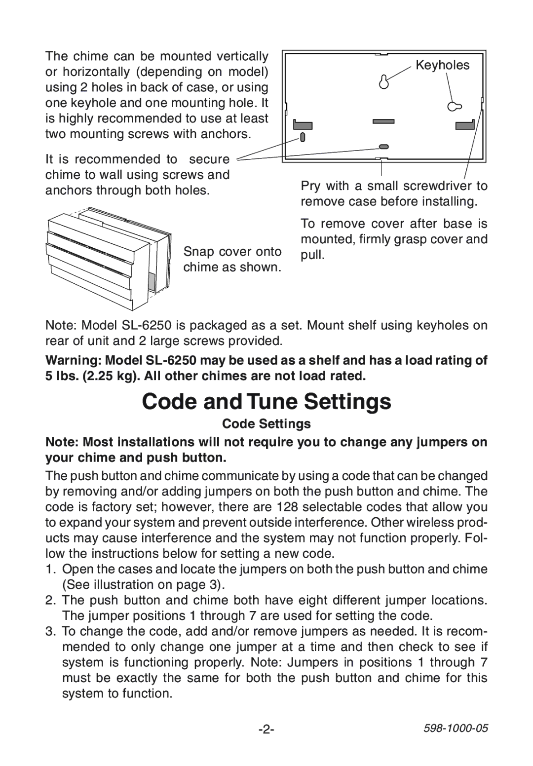 Heath Zenith SL-6155, SL-6250 manual Code and Tune Settings, Code Settings 