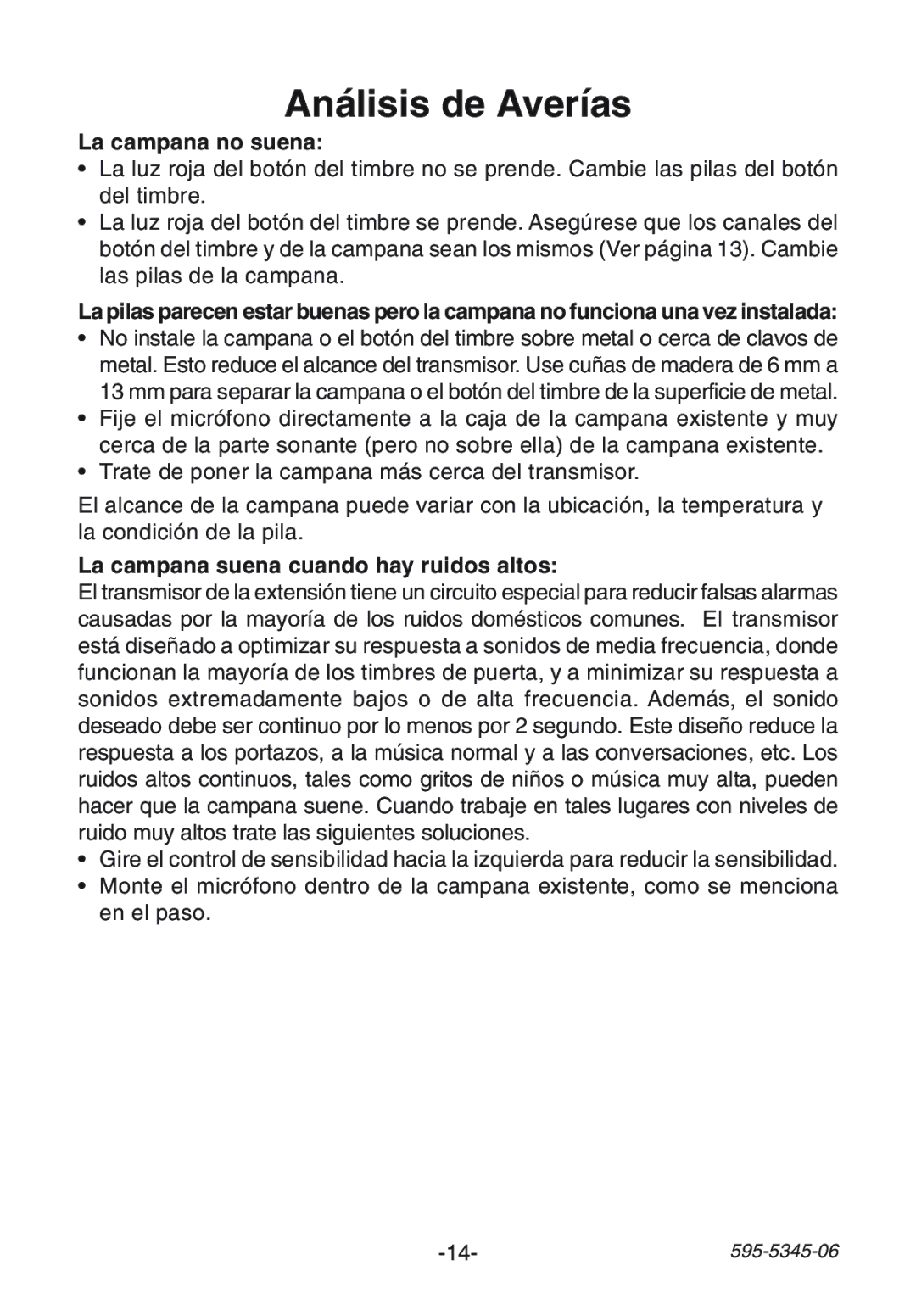 Heath Zenith SL-6157 manual Análisis de Averías, La campana no suena, La campana suena cuando hay ruidos altos 