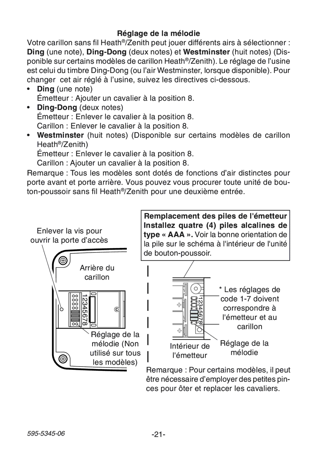 Heath Zenith SL-6157 manual Réglage de la mélodie 