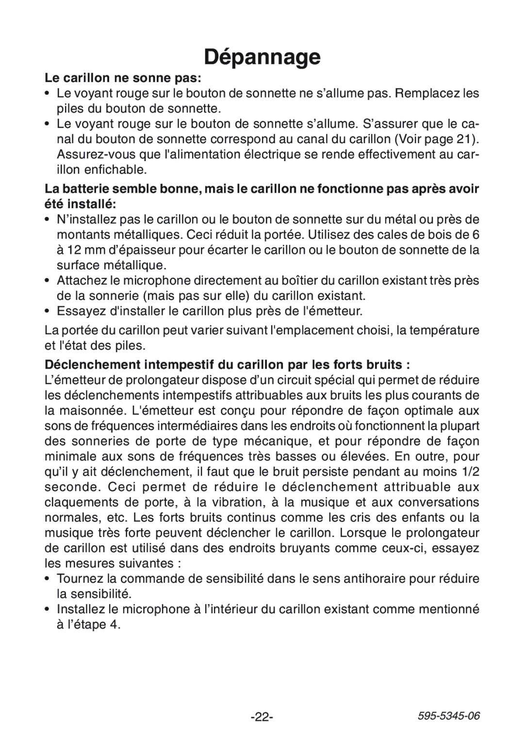 Heath Zenith SL-6157 manual Dépannage, Le carillon ne sonne pas, Déclenchement intempestif du carillon par les forts bruits 