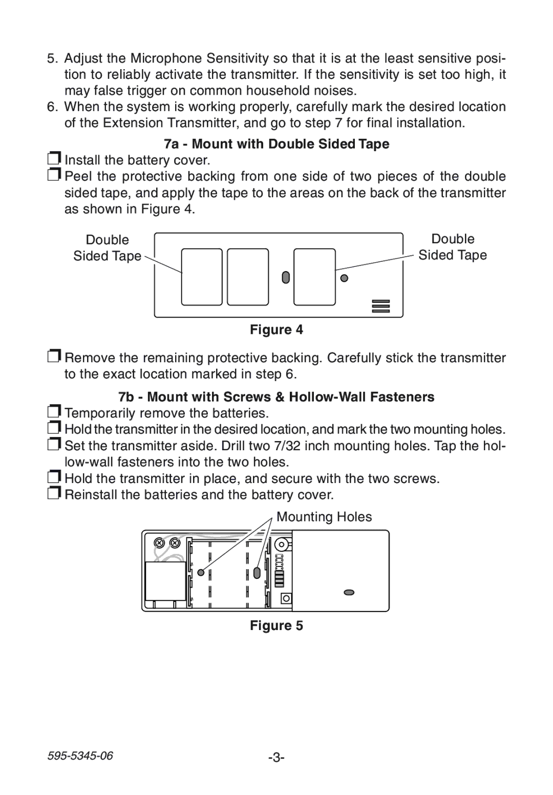 Heath Zenith SL-6157 manual 7a Mount with Double Sided Tape, 7b Mount with Screws & Hollow-Wall Fasteners 