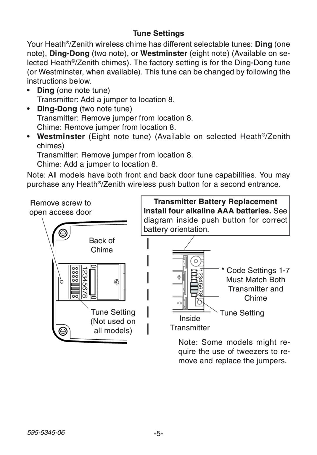 Heath Zenith SL-6157 manual Tune Settings 