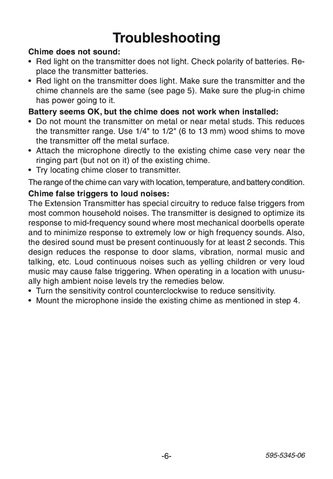 Heath Zenith SL-6157 manual Troubleshooting, Chime does not sound, Chime false triggers to loud noises 