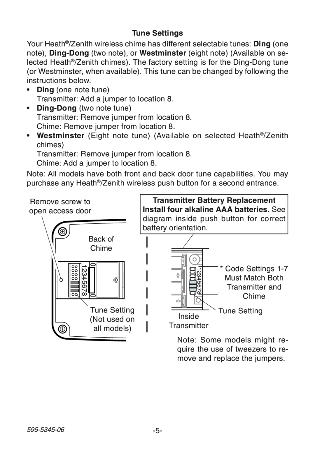 Heath Zenith SL-6157 manual Tune Settings, Transmitter Battery Replacement 