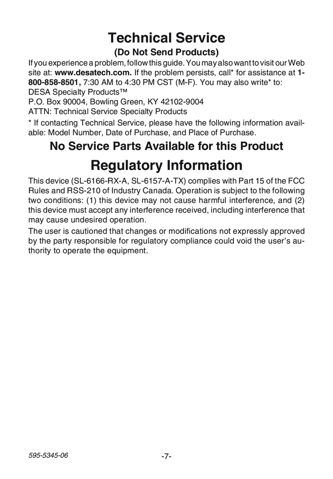 Heath Zenith SL-6157 manual Technical Service, Regulatory Information, Do Not Send Products 