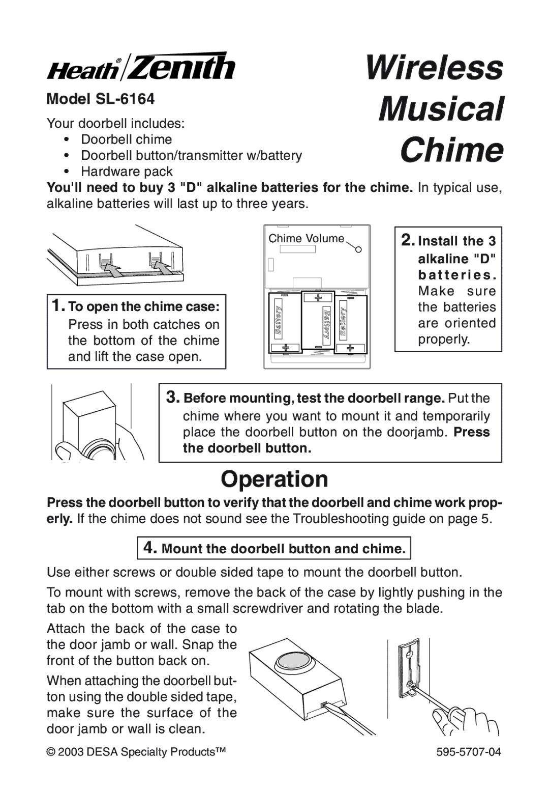 Heath Zenith manual Operation, Model SL-6164, Mount the doorbell button and chime 