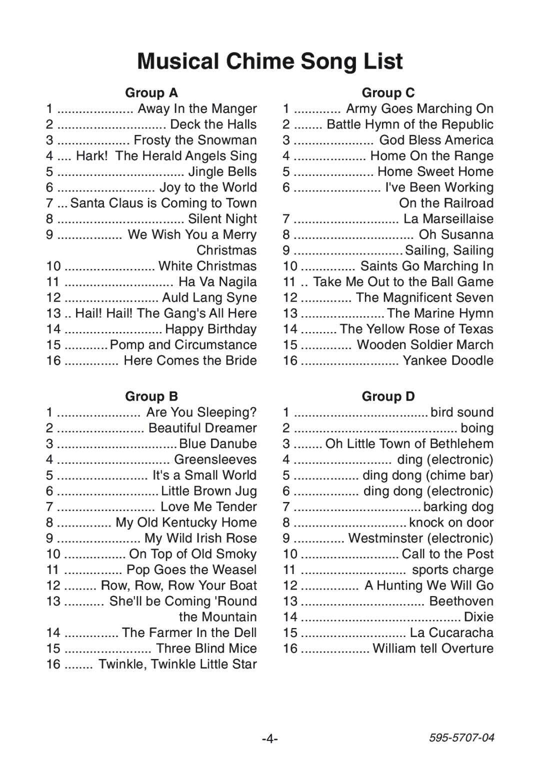 Heath Zenith SL-6164 manual Musical Chime Song List, Group a Group C, Group B Group D 