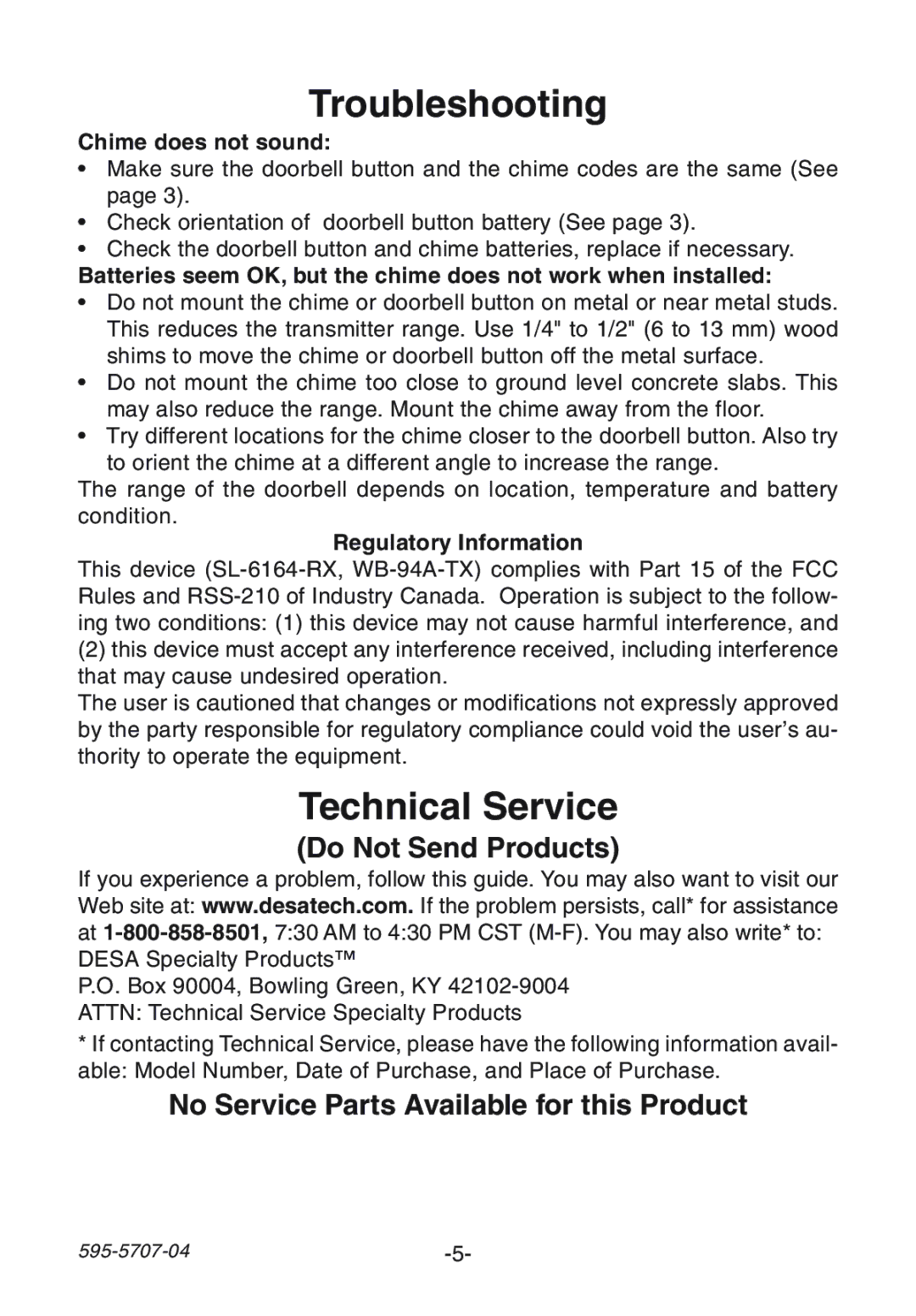 Heath Zenith SL-6164 manual Troubleshooting, Technical Service, Chime does not sound, Regulatory Information 