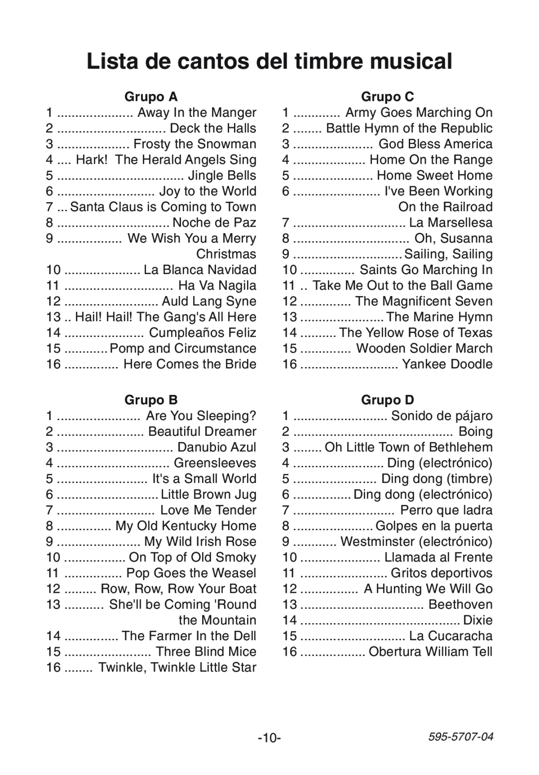 Heath Zenith SL-6164 manual Lista de cantos del timbre musical, Grupo A, Grupo C, Grupo B, Grupo D 