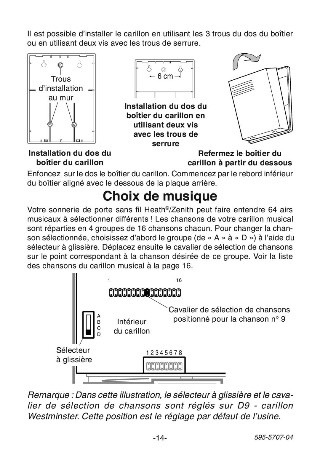 Heath Zenith SL-6164 manual Choix de musique, carillon ˆ partir du dessous 