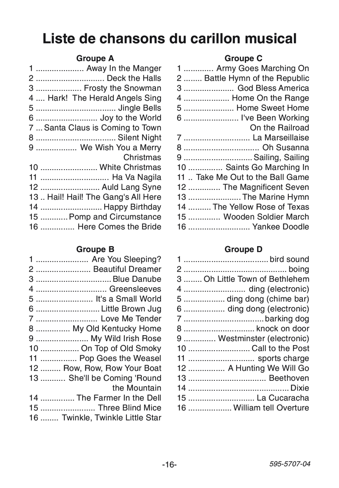 Heath Zenith SL-6164 manual Liste de chansons du carillon musical, Groupe A, Groupe C, Groupe B, Groupe D 