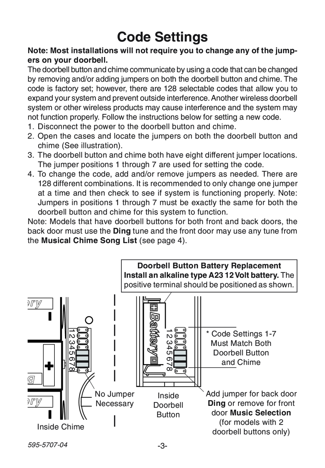 Heath Zenith SL-6164 manual Code Settings, Doorbell Button Battery Replacement 