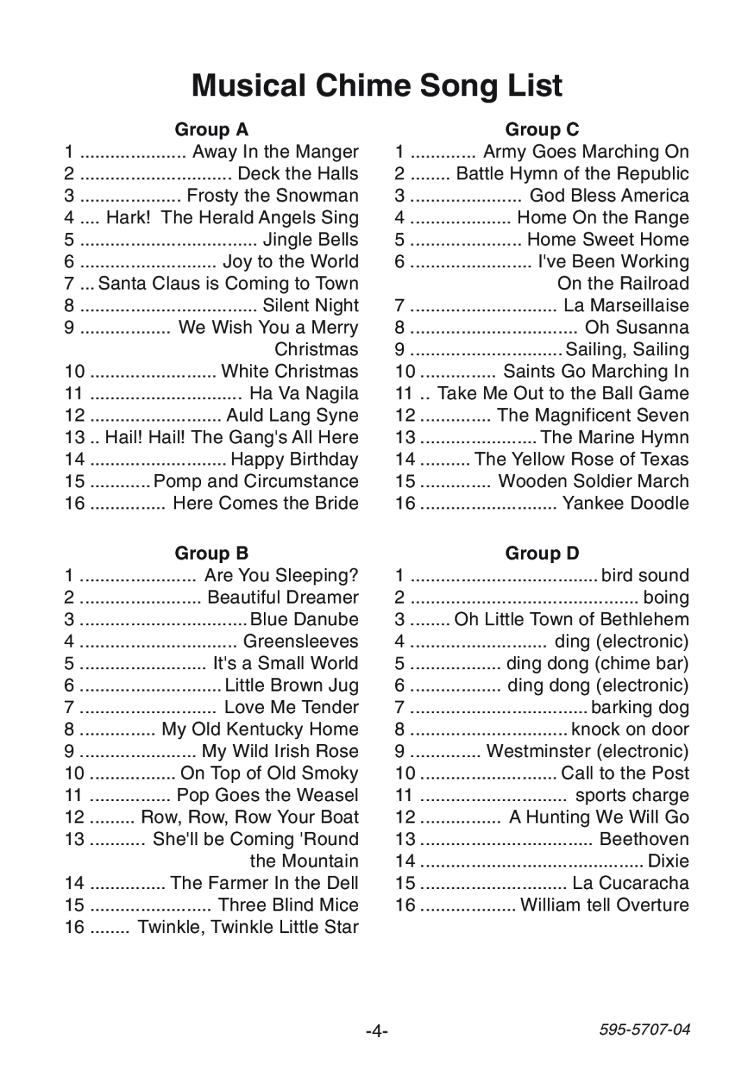 Heath Zenith SL-6164 manual Musical Chime Song List, Group A, Group C, Group B, Group D 