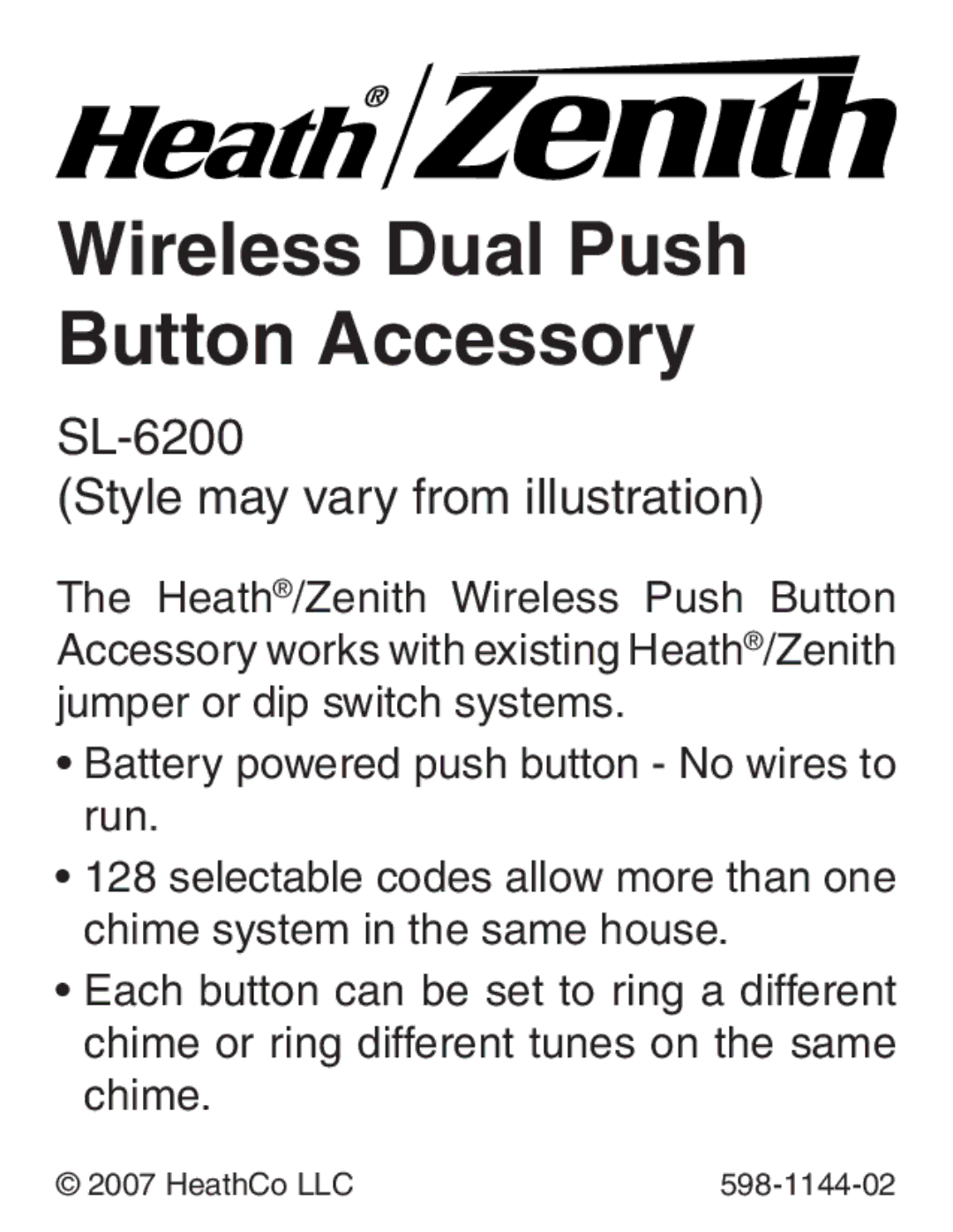 Heath Zenith SL-6200 manual Wireless Dual Push Button Accessory, HeathCo LLC 598-1144-02 