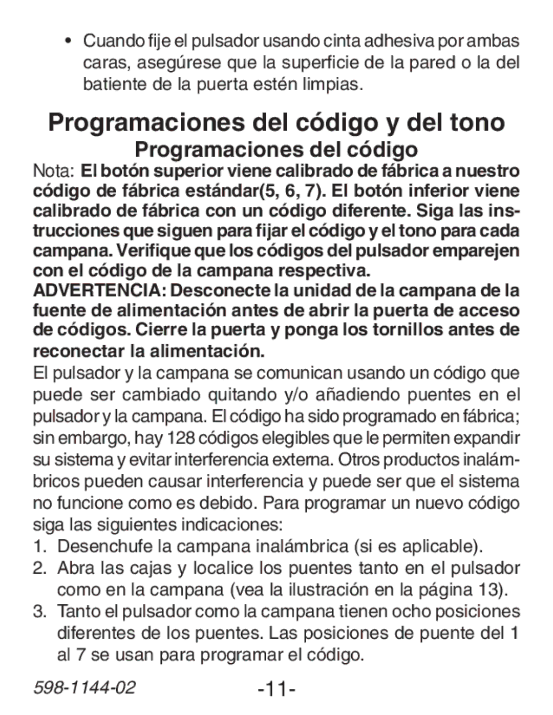 Heath Zenith SL-6200 manual Programaciones del código y del tono, Reconectar la alimentación, 598-1144-02-11 