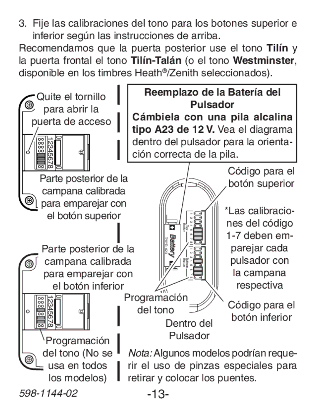 Heath Zenith SL-6200 manual Cámbiela con una pila alcalina, 598-1144-02-13 