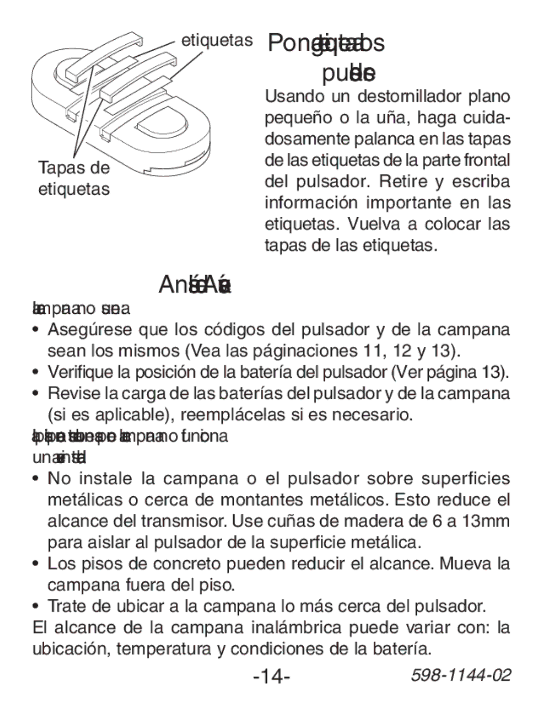 Heath Zenith SL-6200 Etiquetas Ponga etiqueta a los pulsadores, Análisis de Averías, La campana no suena, 14-598-1144-02 