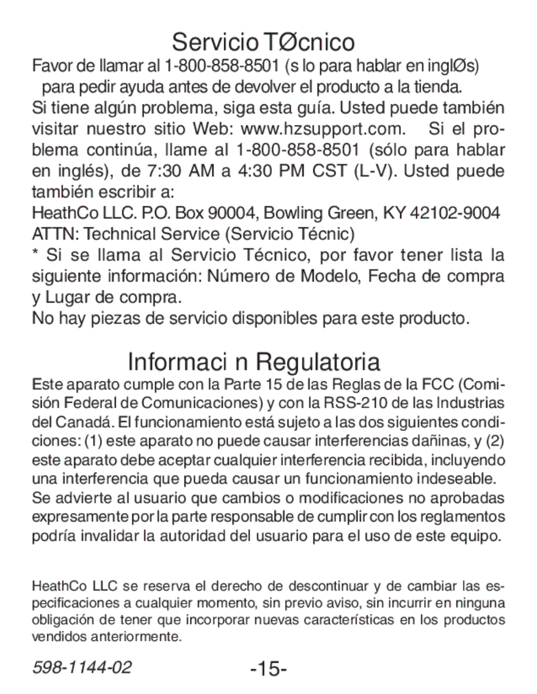 Heath Zenith SL-6200 Servicio Técnico, Información Regulatoria, No hay piezas de servicio disponibles para este producto 