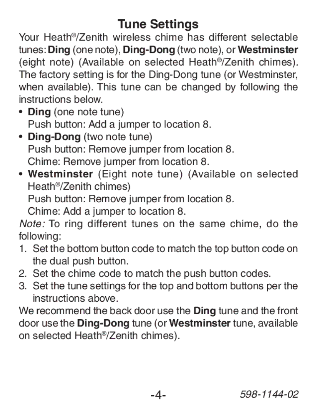 Heath Zenith SL-6200 manual Tune Settings 