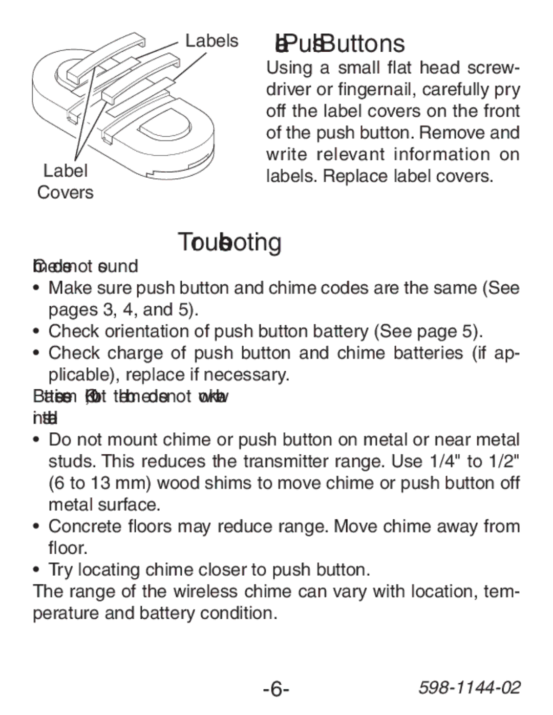 Heath Zenith SL-6200 manual Labels Label Push Buttons, Troubleshooting, Label Covers, Chime does not sound 