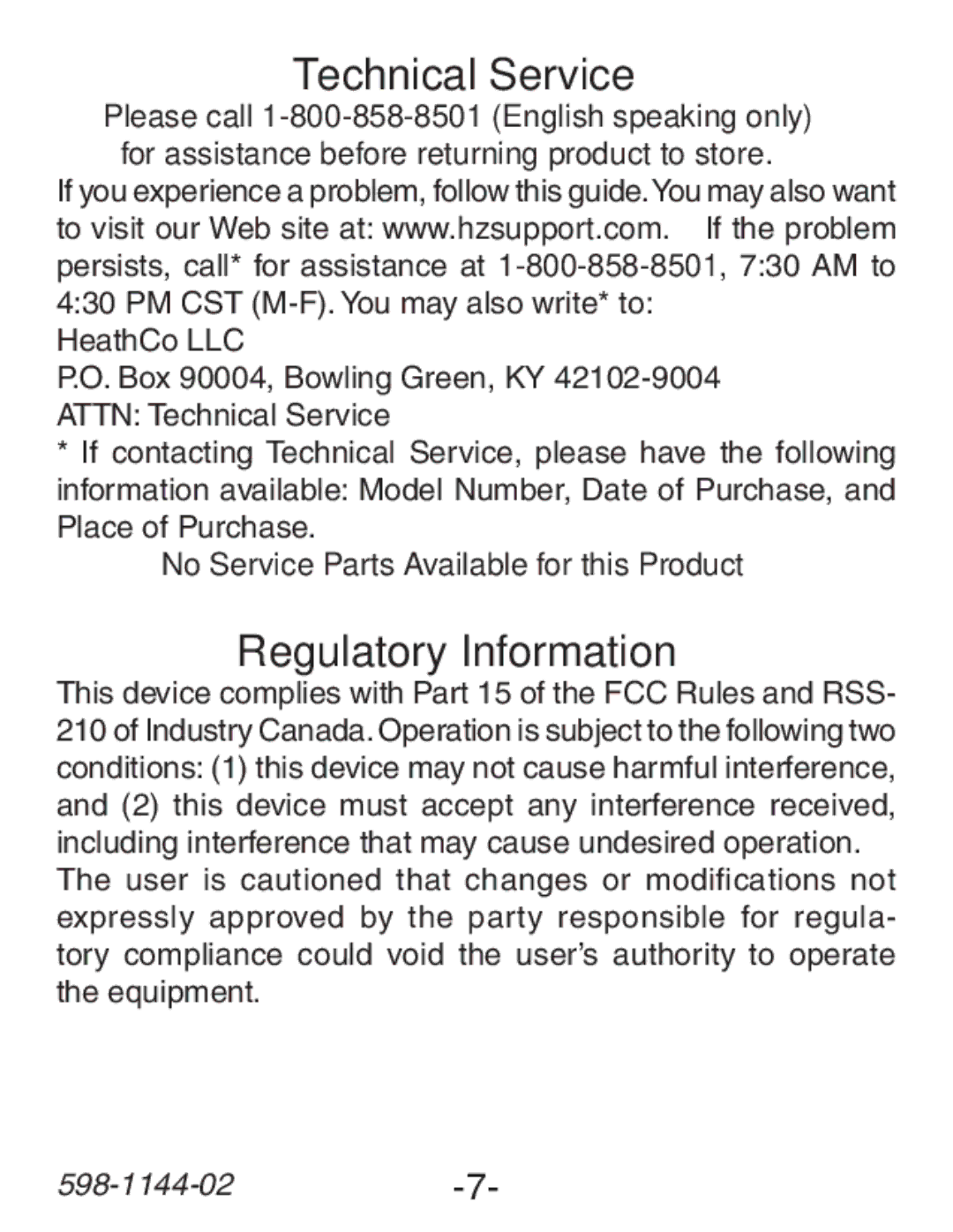 Heath Zenith SL-6200 manual Technical Service, Regulatory Information, No Service Parts Available for this Product 