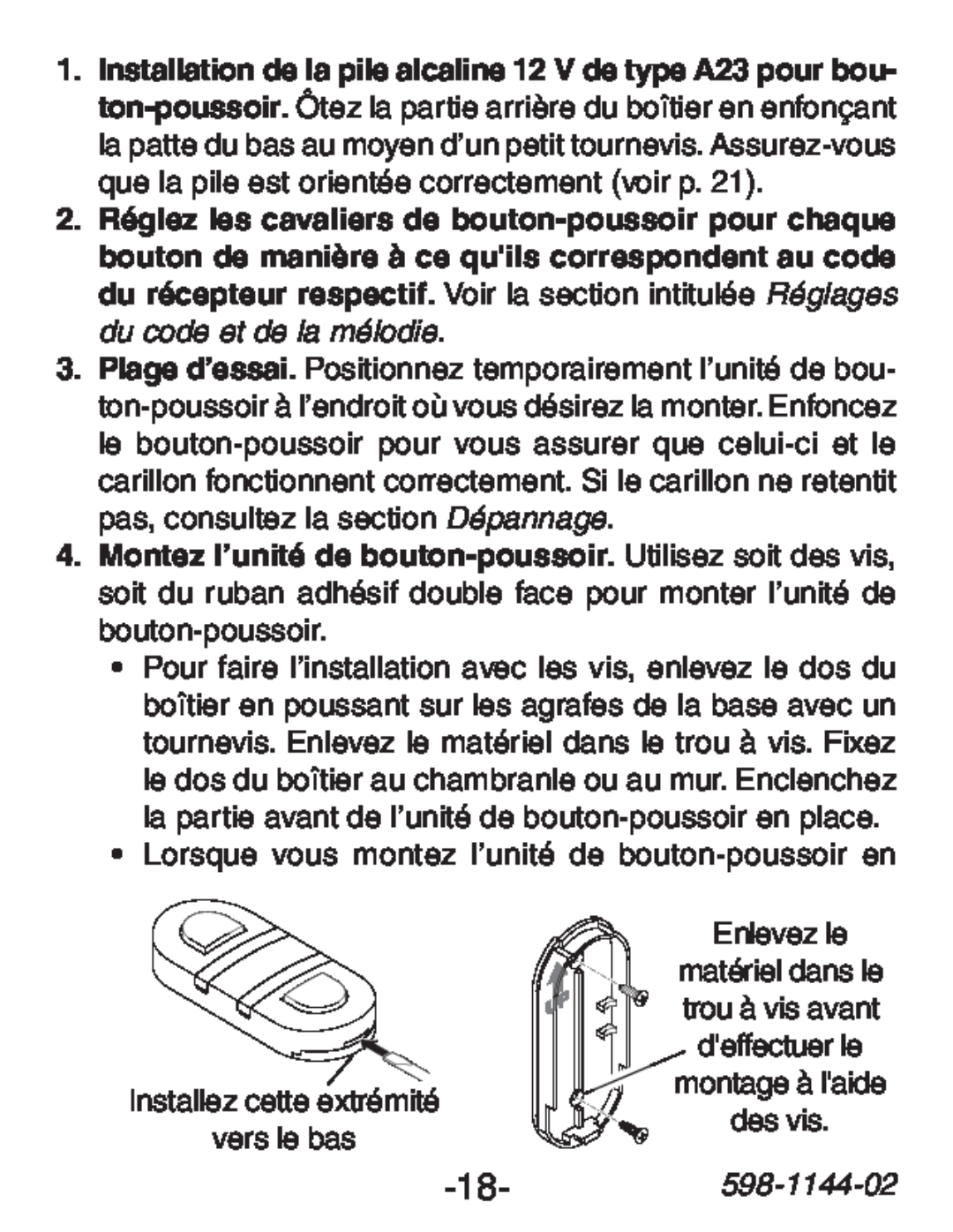 Heath Zenith SL-6200 manual Lorsque vous montez l’unité de bouton-poussoir en, 18-598-1144-02 