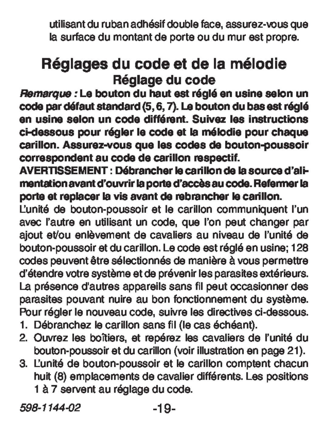 Heath Zenith SL-6200 manual Réglages du code et de la mélodie, Réglage du code, 598-1144-02-19 