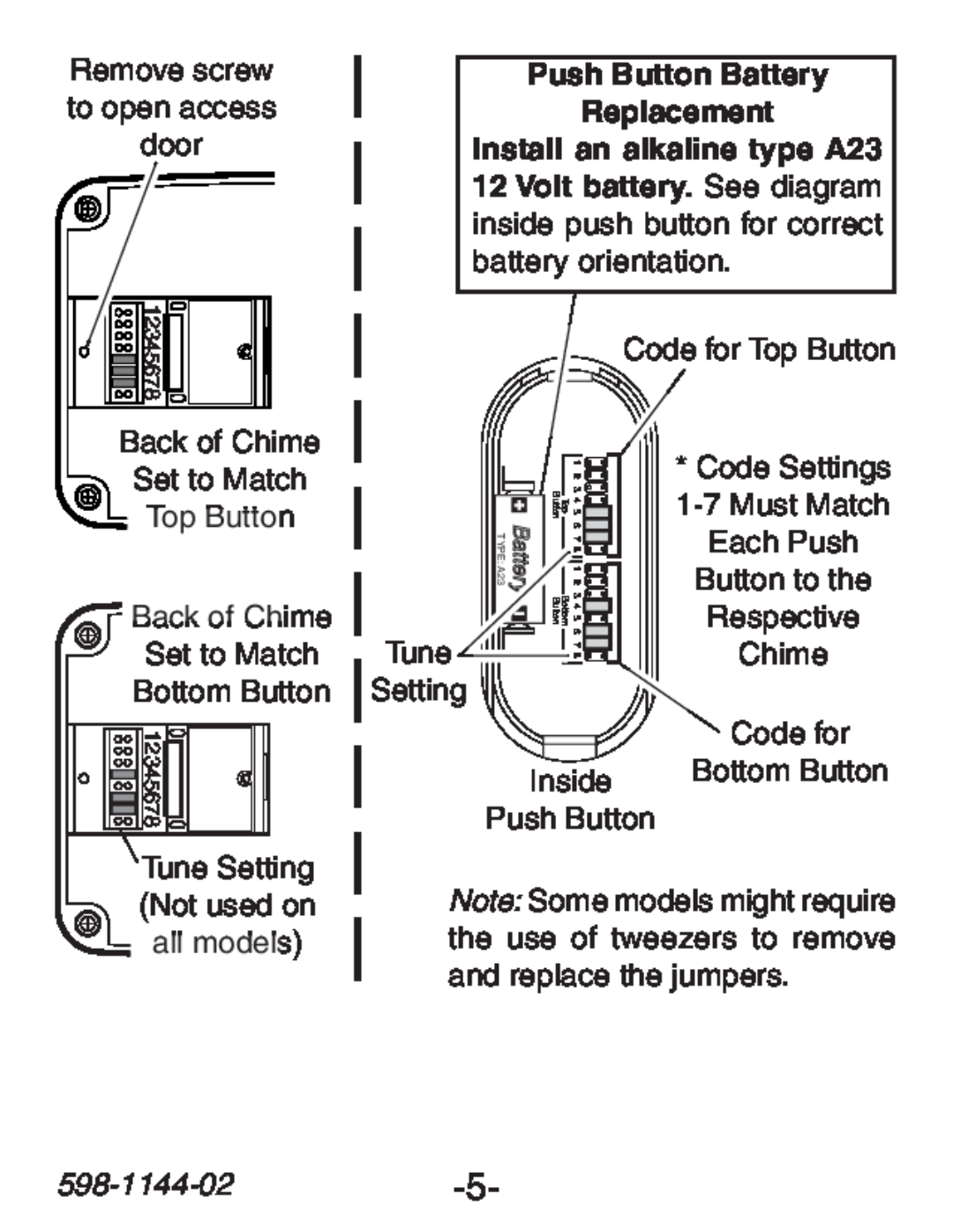 Heath Zenith SL-6200 manual Push Button Battery Replacement, 598-1144-02, 3 4 5 Top Button, Type, 3 4 5 Bottom Button 