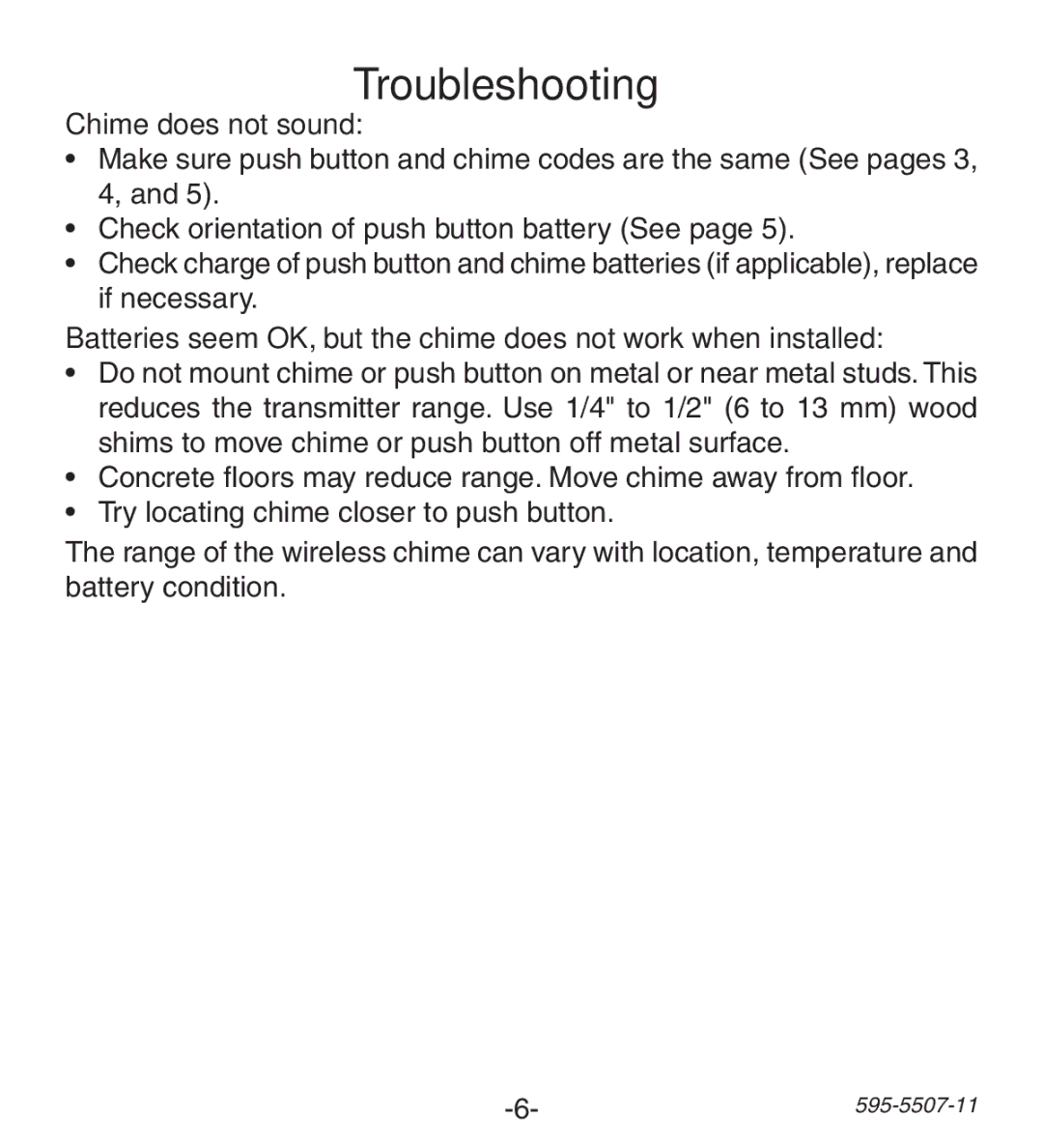 Heath Zenith SL-6290 Series, SL-6190 Series manual Troubleshooting, Chime does not sound 