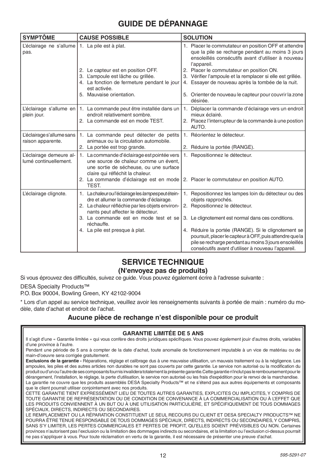 Heath Zenith SL-7001 manual Guide DE Dépannage, Service Technique, Nenvoyez pas de produits 