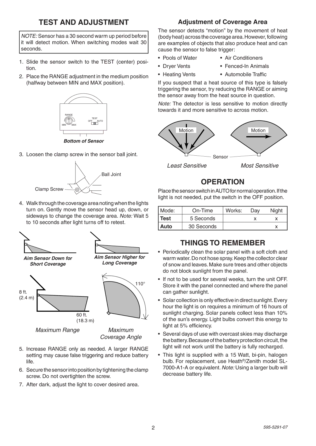 Heath Zenith SL-7001 manual Test and Adjustment, Operation, Things to Remember, Adjustment of Coverage Area 